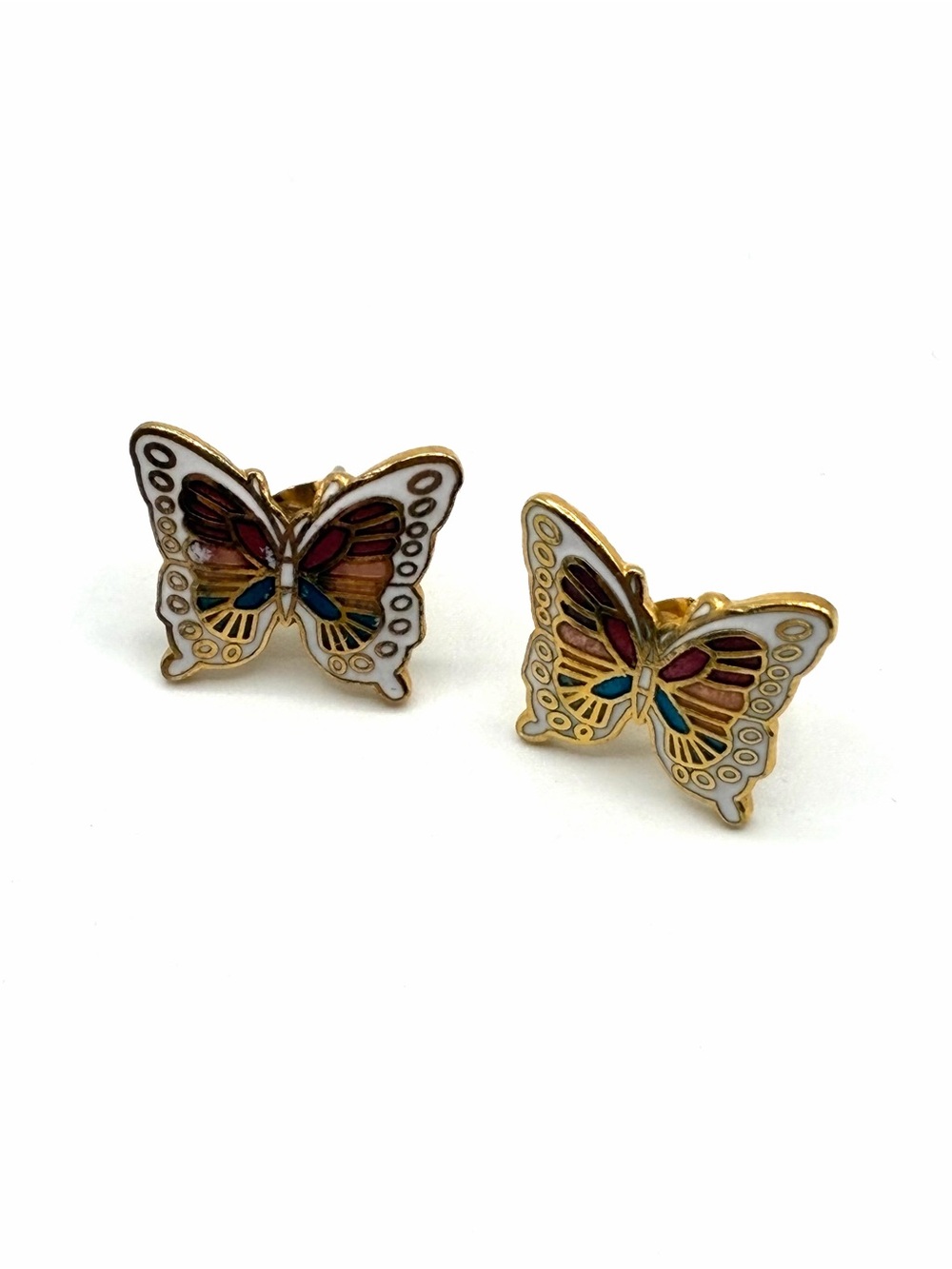 Vintage Gold Tone Cloisonné Enamel Butterfly Earrings